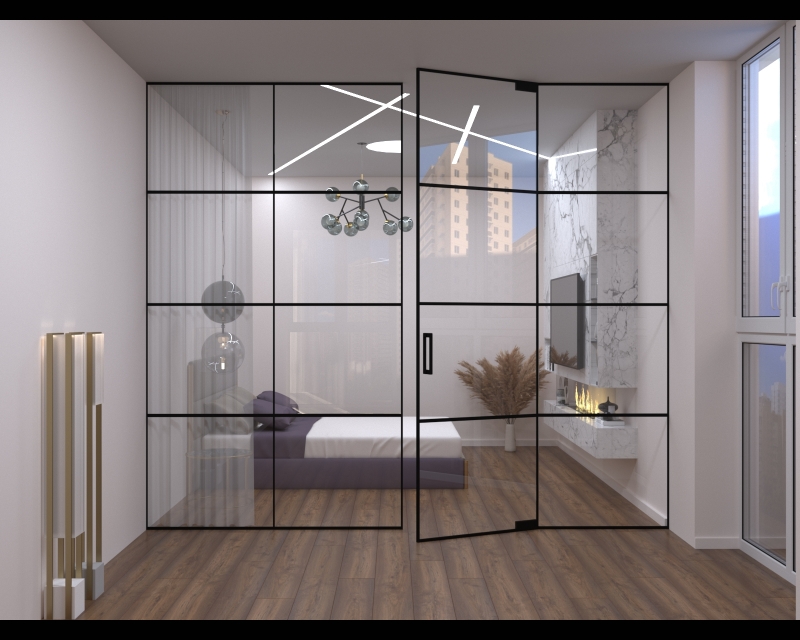 Скляна Loft ПЕРЕГОРОДКА Kunan двері розпашні до стелі (з доводчиком)